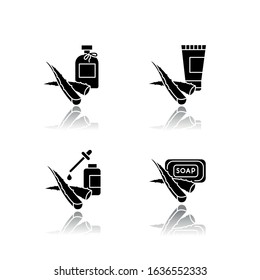 Aloe vera drop shadow black glyph icons set. Oil and serum. Natural cosmetic products. Bathing soap. Plant based lotion. Cream with medicinal herb. Isolated vector illustrations on white space