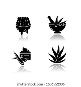 Aloe vera drop shadow black glyph icons set. Juice from cut succulent. Liquid from sliced cactus leaf. Mortar with pestle for botanical ingredients. Isolated vector illustrations on white space