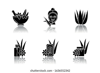 Aloe vera drop shadow black glyph icons set. Facial moisturizing mask. Spa treatment. Medicinal herbs for dermatology. Cosmetic product. Mortar, bowl. Isolated vector illustrations on white space