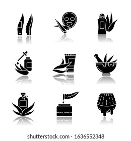 Aloe vera drop shadow black glyph icons set. Antiperspirant with medicinal herbs. Cosmetic products. Plant based cream and lotion. Cactus juice. Isolated vector illustrations on white space