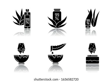 Aloe vera drop shadow black glyph icons set. Medicinal herbs juice. Healing liquid from plants. Natural cosmetic products for skincare. Leaf, sprout. Isolated vector illustrations on white space