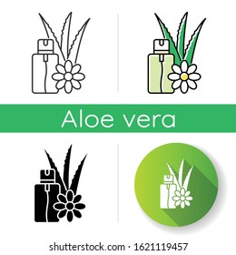 Aloe vera emergency spray icon. Vegan cosmetic in aerosol. Natural floral essence. Plant based serum and oil. Medical liquid. Linear black and RGB color styles. Isolated vector illustrations