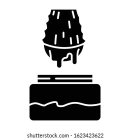 Aloe vera extract black glyph icon. Medicinal herb juice in jar. Organic plant cosmetic. Vegan product. Healthy skincare, dermatology. Silhouette symbol on white space. Vector isolated illustration