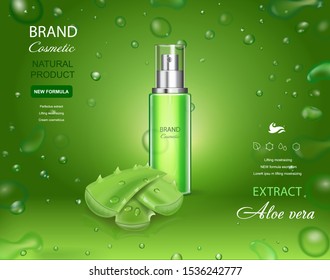 Aloe vera extract, gel, body lotion contained in cosmetic bottle, with aloe vera leaves. Water green background 3d with bubbles illustration.