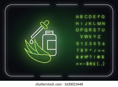 Aloe vera extract neon light icon. Plant based liquid. Healing botanical juice. Medicinal herbs. Outer glowing effect. Sign with alphabet, numbers and symbols. Vector isolated RGB color illustration