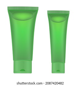 Aloe Vera Facial Gel In Green Transparent Tube. Cucumber Mask. Bubble Inside. Moisturizer. Korean Cosmetics. Realistic Vector Illustration. 3d Mockup. Green Tea Or Apple Shampoo. Mint Or Melissa Gel.