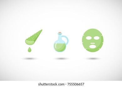 Aloe vera facial mask vector flat icons set, Flat design of medicine, cosmetology and skin care with round shadows, cute vector illustration