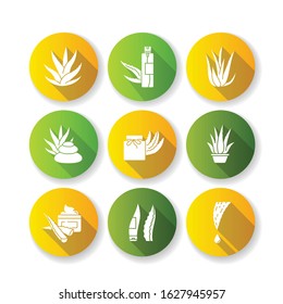 Aloe vera flat design long shadow glyph icons set. Organic cosmetical spray. Medicinal herbs. Plant sprouts. Potted houseplant. Drop from cactus thorn. Cream, wax. Silhouette RGB color illustration