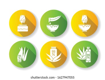 Aloe vera flat design long shadow glyph icons set. Medicinal herbs juice. Pure organic lotion. Healing liquid from plants. Natural cosmetic products for skincare. Silhouette RGB color illustration