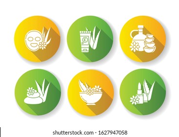 Aloe vera flat design long shadow glyph icons set. Cosmetology. Spa treatment. Facial mask. Natural cosmetic for moisturizing. Organic lip balm. Skincare products. Silhouette RGB color illustration