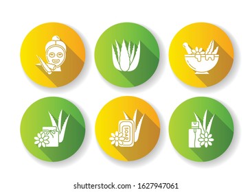 Aloe vera flat design long shadow glyph icons set. Facial moisturizing mask. Spa treatment. Medicinal herbs for dermatology. Cosmetic spray. Mortar, bowl. Silhouette RGB color illustration