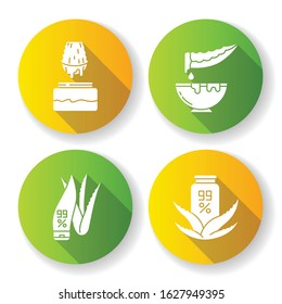 Aloe vera flat design long shadow glyph icons set. Juice from cut succulent. Liquid from sliced cactus leaf. Bowl with liquid. Natural cream. Organic cosmetic. Silhouette RGB color illustration