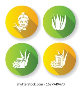 Aloe vera flat design long shadow glyph icons set. Female facial mask. Spa treatment. Medicinal plant sprouts. Bathing products. Dermatology and cosmetic. Silhouette RGB color illustration