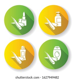 Aloe vera flat design long shadow glyph icons set. Moisturizing spray. Antiaging lotion with medicinal herbs. Plant based lotion. Deodorant for skin care. Silhouette RGB color illustration