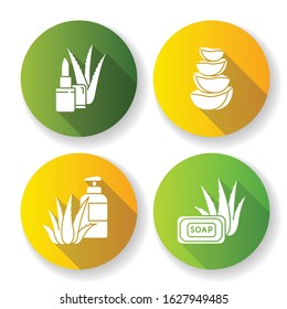 Aloe vera flat design long shadow glyph icons set. Bathing products with organic ingredients. Natural lipbalm. Slices of cactus. Cut succulent. Cosmetic for skincare. Silhouette RGB color illustration