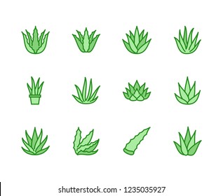 Aloe vera flat line icons. Succulent, tropical plant vector illustrations, thin signs for organic food, cosmetic. Pixel perfect 64x64. Editable Strokes.