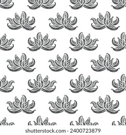 Aloe Vera Flower Seamless Vector Black White Pattern. Succulent Plant. Medicinal plants background. Great for packaging design of Cosmetic and medicin