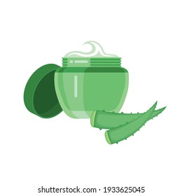 Aloe vera gel 99%. Gel from the plant for skin care in a green jar and two leaves of the plant. Vector illustration isolated on a white background for design and web.