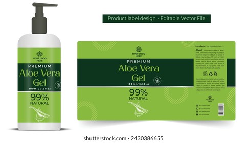 Plantilla de diseño de etiqueta de gel de aloe vera descargar, diseño de etiqueta de botella de bebida de gel de aloe vera, diseño de etiqueta de gel de aloe vera para jabón champú crema de loción cosmética diseño de etiqueta de producto ilustración vectorial editable