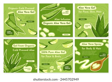 Gel de aloe vera, cosmético de cuidado orgánico en set de postes. Diseño de redes sociales de Plantilla verde con producto de tratamiento, Ilustración vectorial. Aloe prensado en frío para cabello, piel, cara y cuerpo