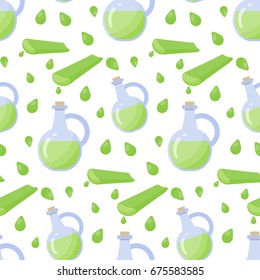 Aloe vera gel vector seamless pattern, Flat design of alternative medicine, cosmetology and healthcare wallpaper on white background, cute vector illustration