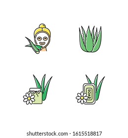 Aloe vera green color icons set. Female facial mask. Spa treatment. Medicinal plant sprouts. Bathing products. Plant based wax. Dermatology and cosmetic. Isolated vector illustrations