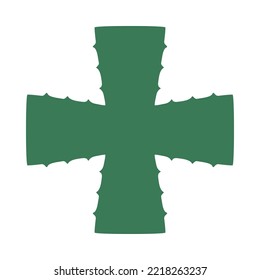 Aloe vera green leaves cross icon. A symbol made from arms of equal length with succulents displaying thorny edges. Isolated on a white background.