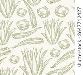 Aloe vera green seamless pattern background. Ecology concept in beauty industry. Natural cosmetics ingredient. Hand drawn sketch plant from package design. Aloe wallpaper for branding natural concepts