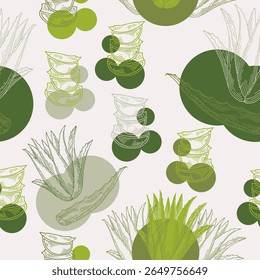 Aloe vera verde plano de fundo padrão sem emenda com formas. Conceito ecológico na indústria da beleza. Planta desenhada à mão do projeto do pacote. Aloe wallpaper para branding conceitos naturais