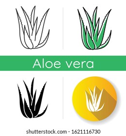 Aloe vera icon. Succulent growing sprouts. Cactus leaves and thorns. Medicinal herb for skincare. Decorative plant. Linear black and RGB color styles. Isolated vector illustrations