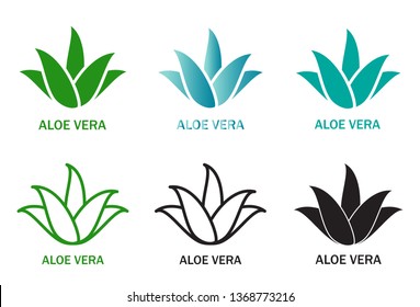 Aloe vera icons set isolated on white background. Collection of aloe vera green plants. Flat icons for logo, symbol, label and sticker. Creative art concept, vector illustration of aloe vera leaf