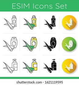 Aloe vera icons set. Organic deodorant. Natural antiperpirant. Shampoo with medicinal herbs. Cream and lotion in bottle. Linear, black and RGB color styles. Isolated vector illustrations
