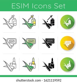 Aloe vera icons set. Plant based liquid. Healing botanical juice. Medicinal herbs. Soap bar. Hygienical lip balm. Vitamin serum. Linear, black and RGB color styles. Isolated vector illustrations