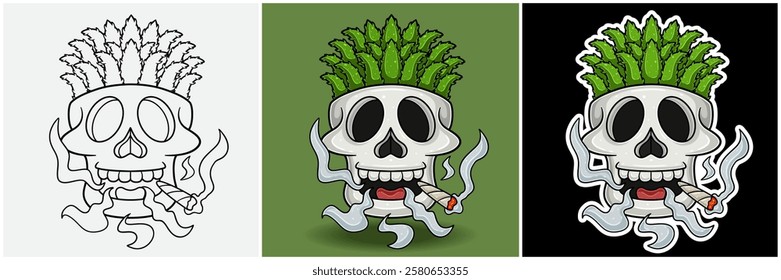 Aloe Vera Inside Skull Head With Smoking Character Cartoon. Black White, Colorful and Sticker Style. For T shirt print, Brand Logo, Label and Mascot product. Vectors Illustrations