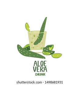 Aloe vera juice isolated on a white background. Healthy drink .Cocktail in a glass. Vector illustration in freehand drawing style