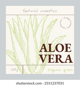 Modelo de rótulo Aloe vera. Ingrediente cosmético natural. Tinta desenhada à mão esboço planta do projeto do pacote. Conceito ecológico na indústria da beleza. Ilustração vetorial.