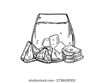 Aloe vera leaf, lemon, glass with tonic and ice cubes vector isolated illustration painted by black inks. . Drink in tumbler, organic fresh succulent slices, citrus fruit etching drawing.