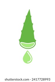 Aloe vera leaf section with fresh drop of aloe juice. Flat vector color illustration isolated on white background.