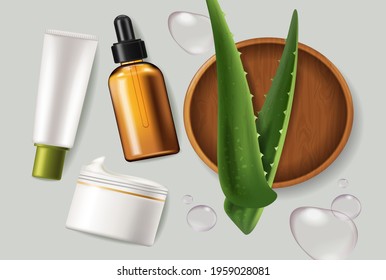 Aloe Vera leaves and cosmetics Vector realistic. Serum, cream products placement mock up bottles. Packaging design label lotions. Splash water drops background