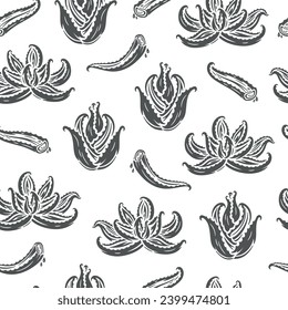 Aloe Vera Leaves Seamless Pattern. Succulent Plant. Medicinal plants background. Great for packaging design of Cosmetic or medicines products using aloe vera flower ingredients Design. Vector Graphics