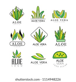 Aloe Vera logo design set, natural product green badges, organic cosmetics, health care and beauty label vector Illustrations on a white background