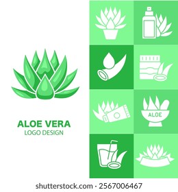 Aloe Vera Logo and Green Brand Design Set. Cosmetic Icons and Plant Prints in a vector illustration