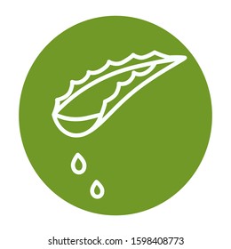 Aloe Vera logo. Aloe Vera leaf sign or icon for natural organic cosmetic products,  moisturizer cream, packaging design. Outline leaf with drops on green round background. Vector illustration