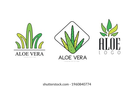 Aloe Vera Logo Templates Design Set, Organic Products, Cosmetics, Spa, Beauty Salon Badge Vector Illustration