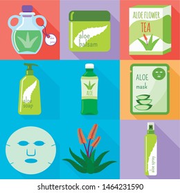 Aloe vera mask icon set. Flat set of 9 aloe vera mask vector icons for web design isolated on white background