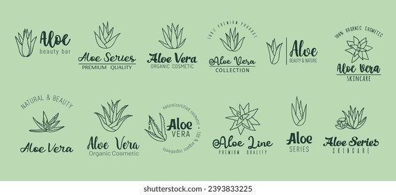 Aloe vera minimal labels, skin care extract and cosmetics. Vector set of sleek, minimalist emblems with lettering, embodying purity and natural beauty. The essence of Aloe, for radiant, healthy skin