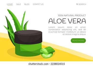 Aloe vera natural product landing page template. Organic beauty cosmetic, skin care cream, serum. Natural eco cosmetic web banner, homepage vector illustration