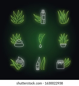 Aloe vera neon light icons set. Organic cosmetical spray. Spa treatment with medicinal herbs. Plant sprouts. Potted houseplant. Signs with outer glowing effect. Vector isolated RGB color illustrations
