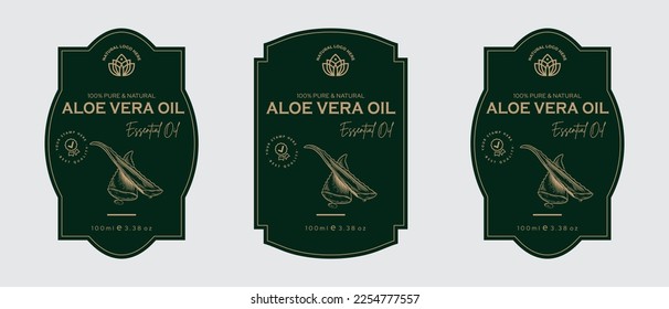 Aloe vera oil label design cosmetic products label for skin care and beauty, herbal ingredients. Labels with sketches, package emblem. Green gold premium vector illustration.