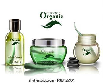 Aloe vera organic cosmetics set Vector. Lotion and shower gel realistic mock up. Product packaging bio collections